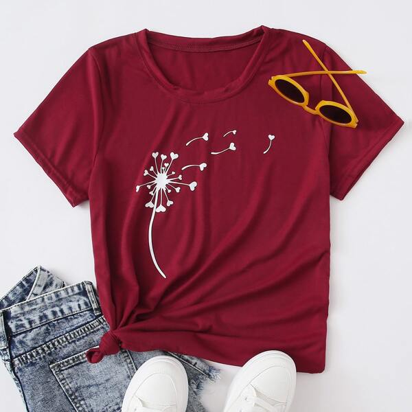 

Plant Print Round Neck Tee, Maroon
