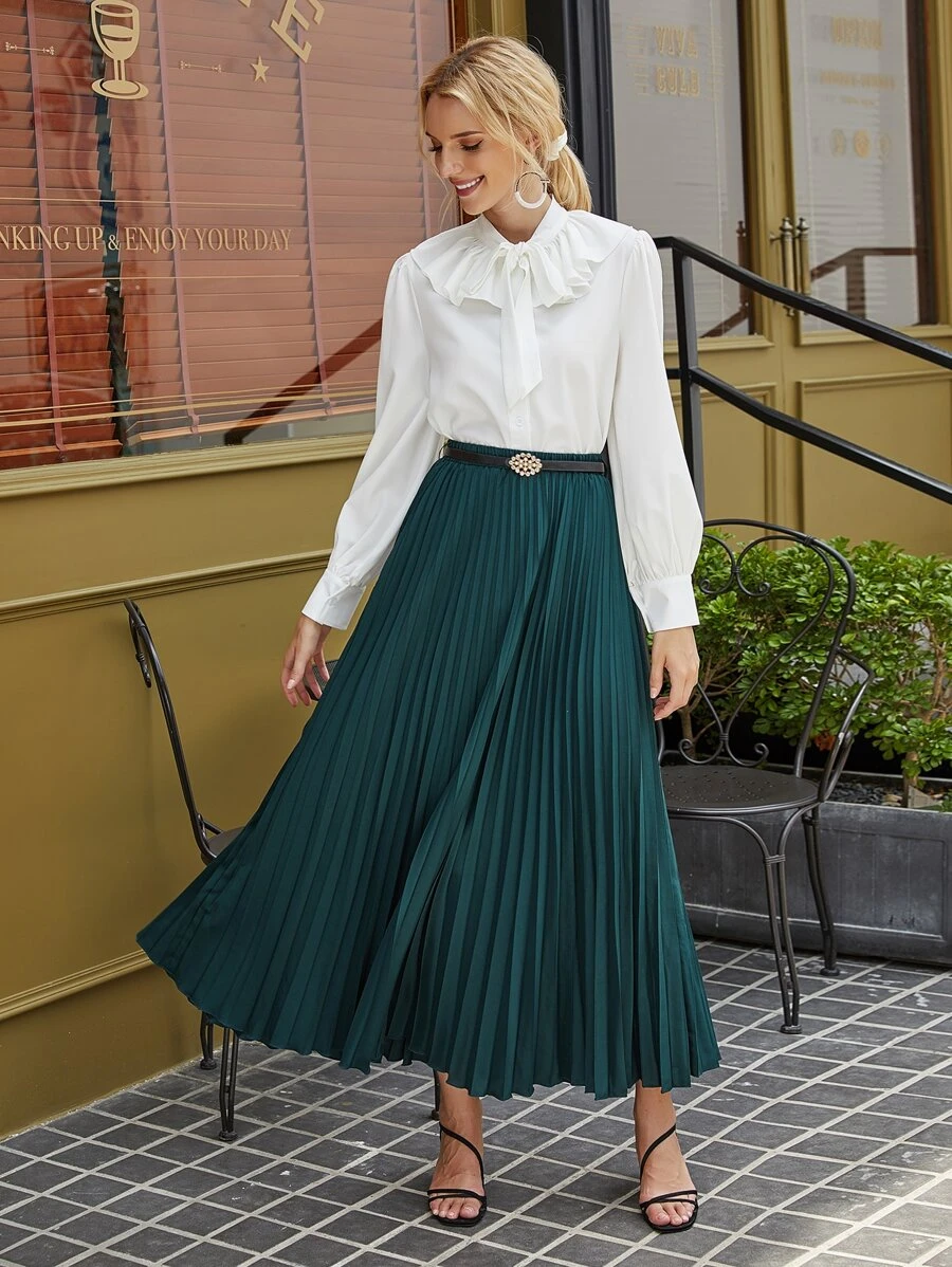 Solid Elastic Waist Pleated Skirt - Dark Green - View 1