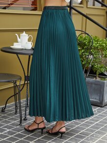 Solid Elastic Waist Pleated Skirt - Dark Green - View 2