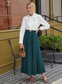 Solid Elastic Waist Pleated Skirt - Dark Green - View 3