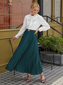 Solid Elastic Waist Pleated Skirt - Dark Green - View 5