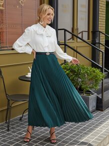 Solid Elastic Waist Pleated Skirt - Dark Green - View 6