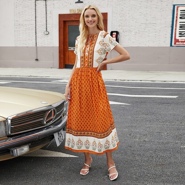 

Floral & Paisley Print Tie Neck Smock Dress, Multicolor