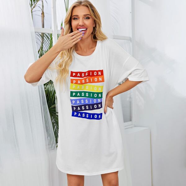 

Drop Shoulder Letter Graphic Tee Dress, White