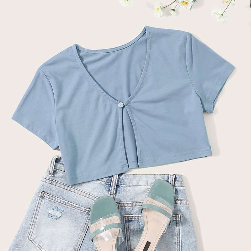 

Button Blue Crop Top, Dusty blue