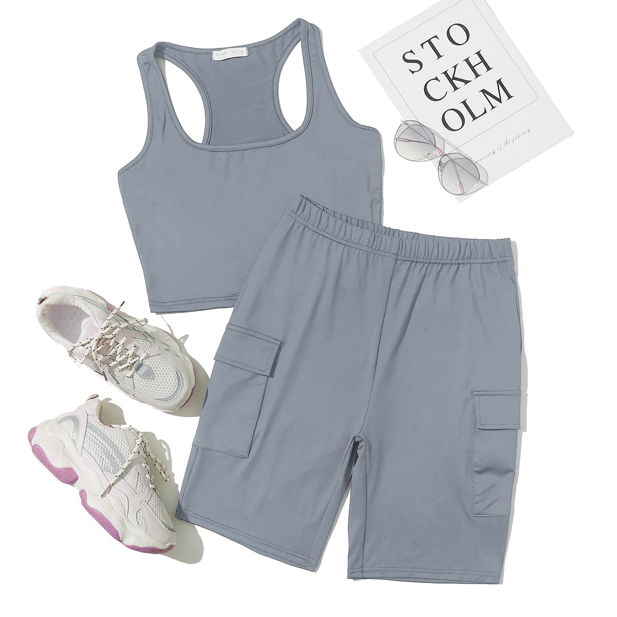 

Solid Crop Tank & Pocket Side Shorts, Dusty blue