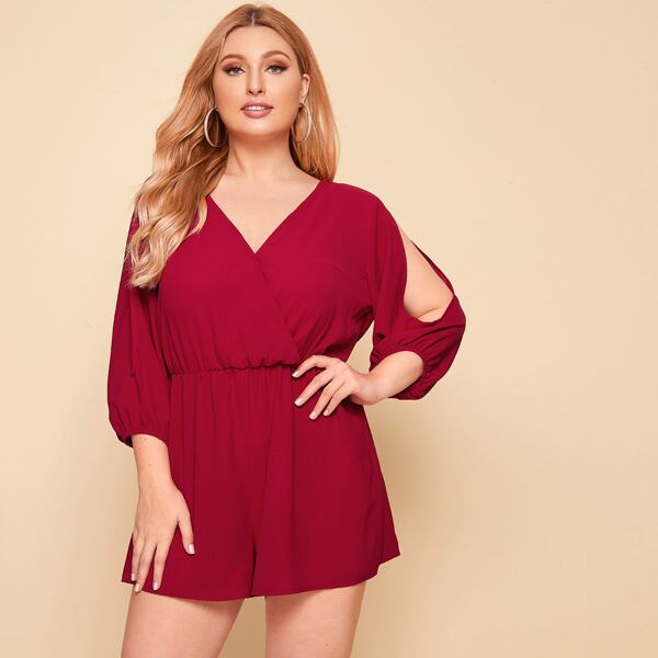 

Plus Split Shoulder Solid Romper, Burgundy