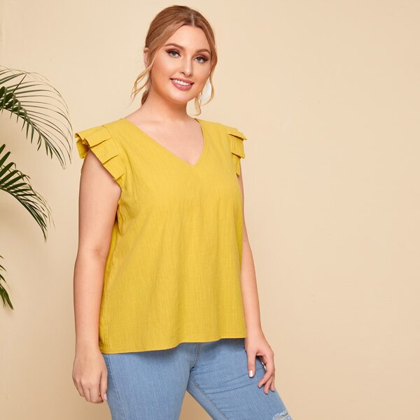 

Plus Button Back Ruffle Armhole Top, Mustard yellow