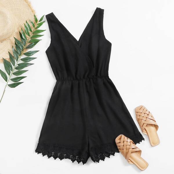 

Plus Contrast Guipure Lace Solid Romper, Black
