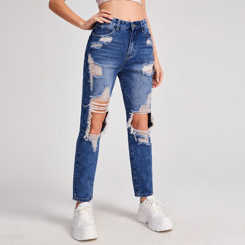 

Mid Wash Ripped Detail Jeans, Dark wash