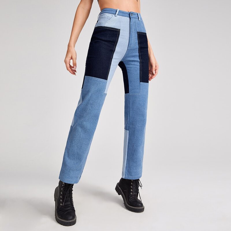 

High Waisted Spliced Straight Leg Jeans, Multicolor