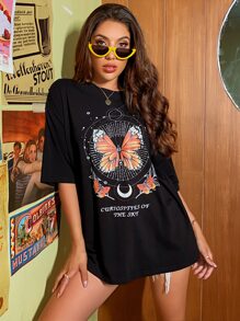 SHEIN Unity Butterfly & Moon Graphic Oversized Tee - Black - View 3