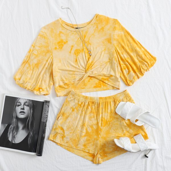 

Tie Dye Twist Front Tee & Shorts Set, Yellow