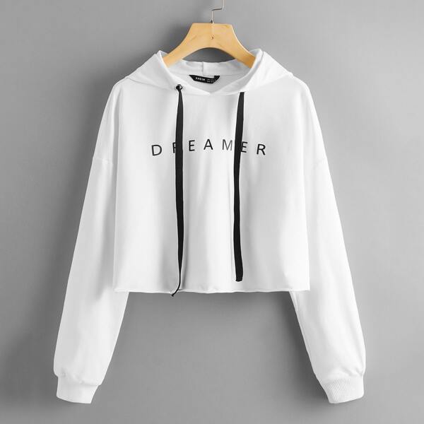 

Letter Graphic Drop Shoulder Crop Hoodie, White