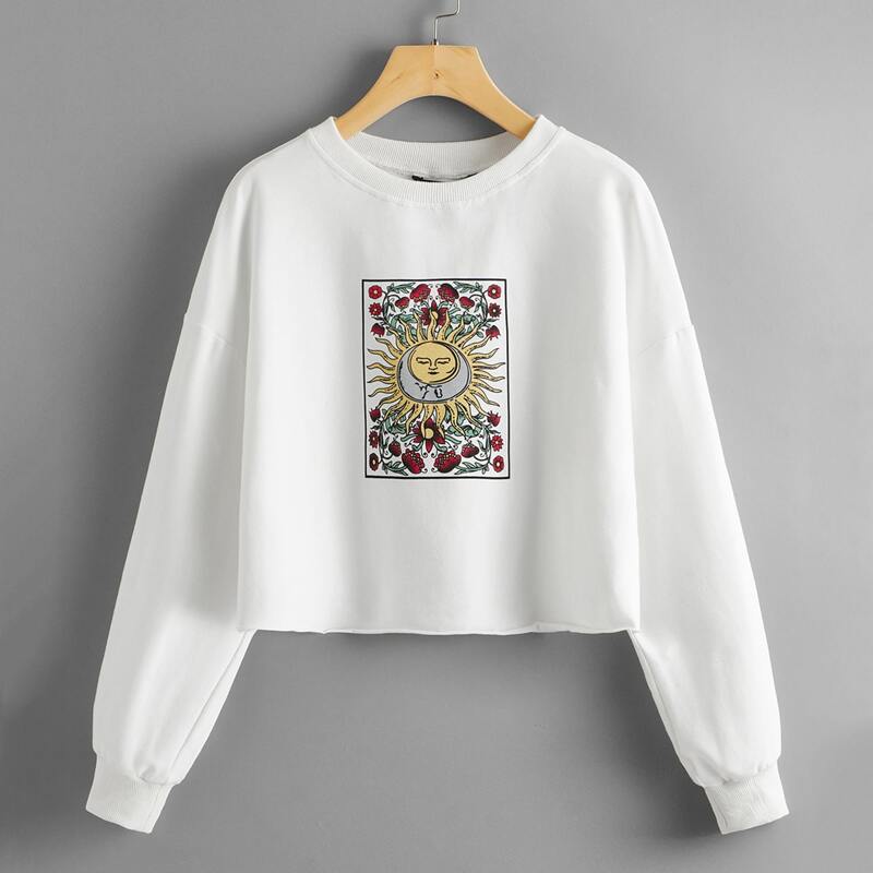 

Floral and Graphic Print Drop Shoulder Crop Pullover, White