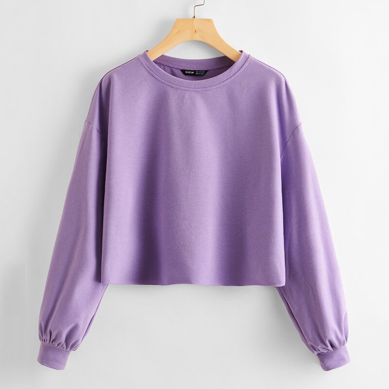 

Drop Shoulder Solid Crop Pullover, Lilac purple