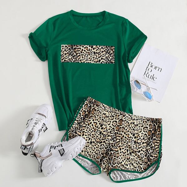 

Plus Leopard Print Tee & Contrast Binding Dolphin Shorts, Multicolor