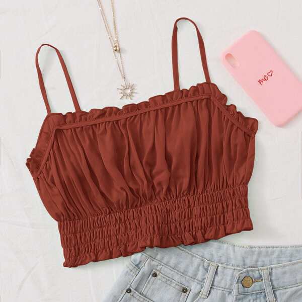 

Ruched Bust Ruffle Trim Cami Top, Redwood