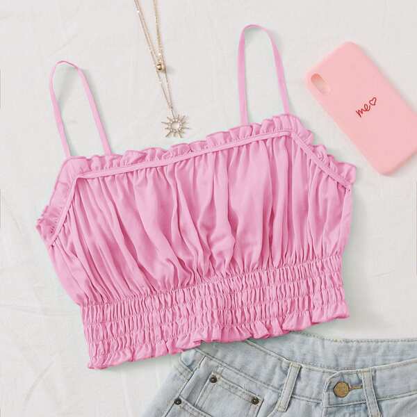 

Ruched Bust Ruffle Trim Cami Top, Pink