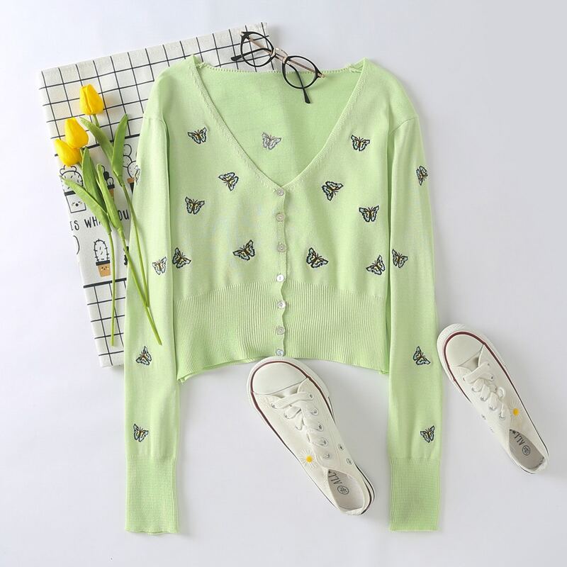 

Butterfly Embroidered Button Through Cardigan, Lime green