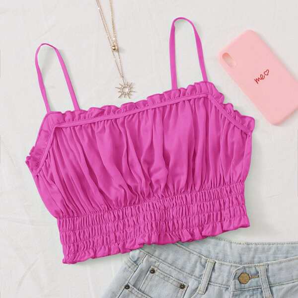 

Ruched Bust Ruffle Trim Cami Top, Pink bright