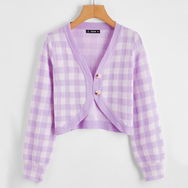 

Button Front Gingham Cardigan, Pastel lilac purple