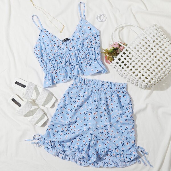 

Ditsy Floral Ruffle Hem Cami Top & Shorts Set, Pastel baby blue