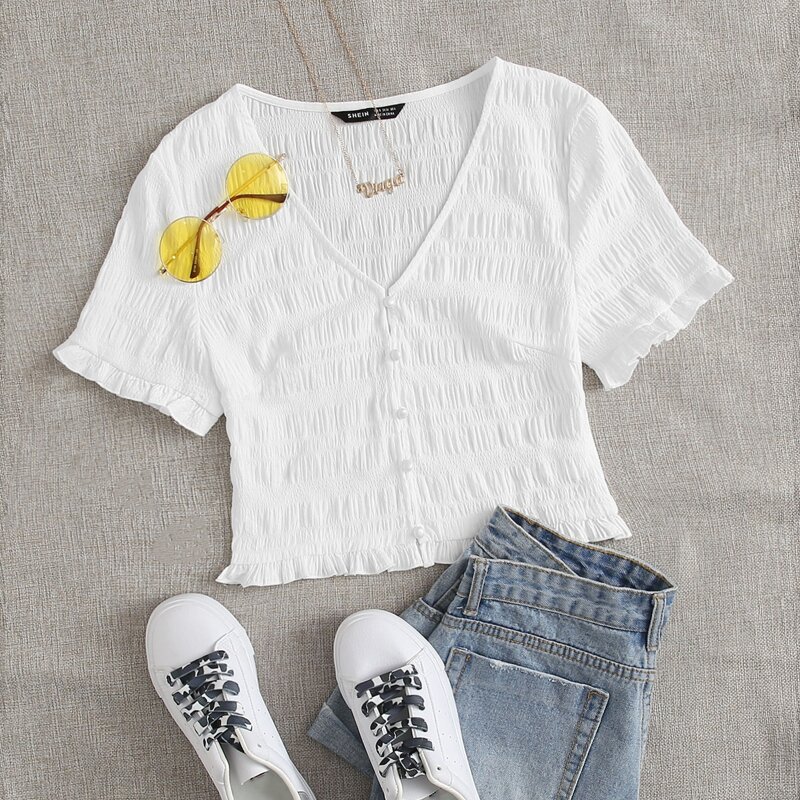 

Frill Trim Shirred Blouse, White