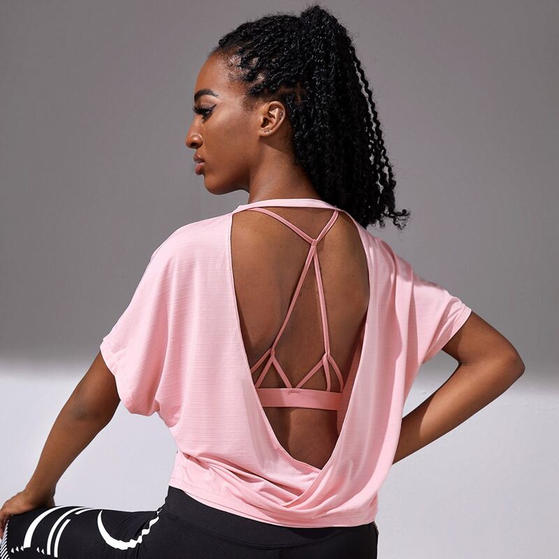 

Open Back Batwing Sleeve Sports Tee, Baby pink