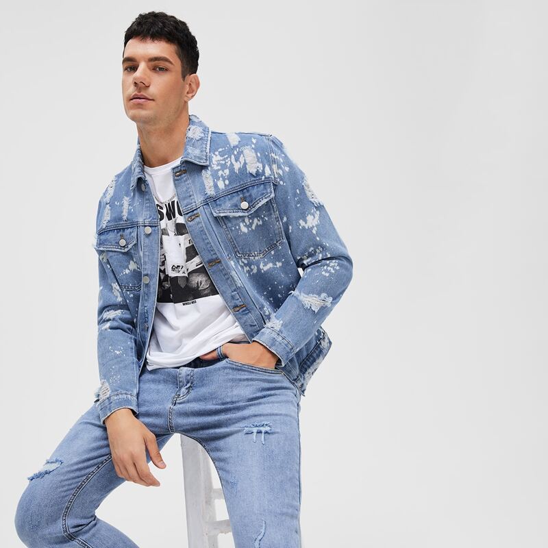 

Guys Ripped Speckled Print Denim Jackets, Medium wash