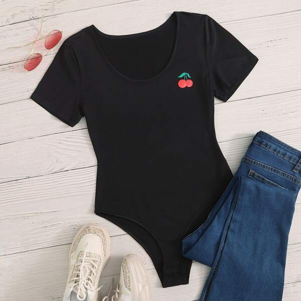 

Plus Scoop Neck Cherry Print Bodysuit, Black