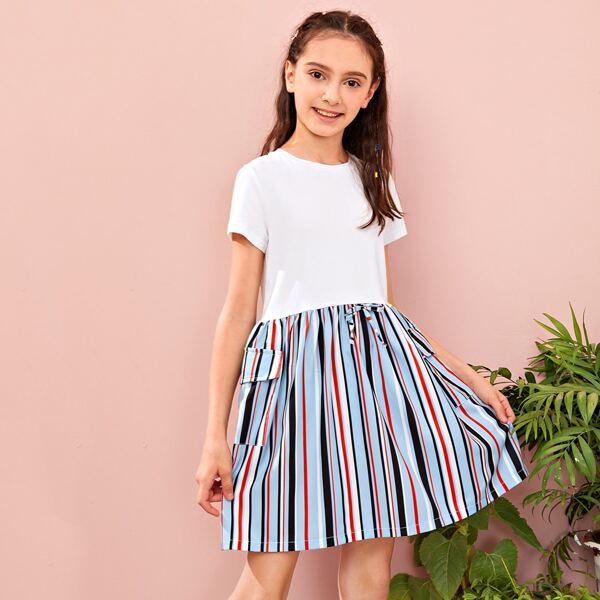 

Girls Flap Pocket Side Striped Dress, Multicolor