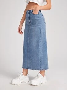 SHEIN Frenchy Slit Hem Denim Straight Skirt Winter - Light Wash - View 1