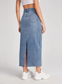 SHEIN Frenchy Slit Hem Denim Straight Skirt Winter - Light Wash - View 2