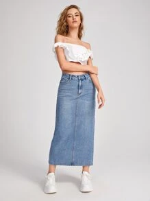 SHEIN Frenchy Slit Hem Denim Straight Skirt Winter - Light Wash - View 3