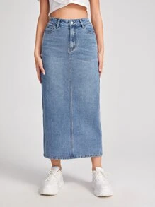 SHEIN Frenchy Slit Hem Denim Straight Skirt Winter - Light Wash - View 4