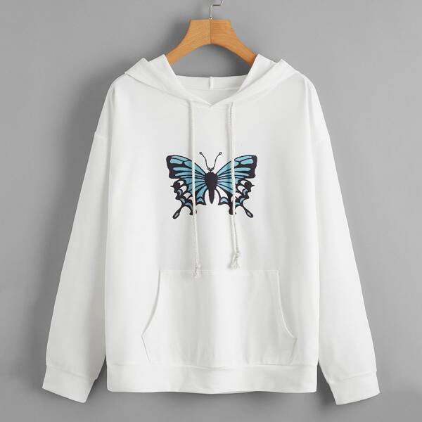 

Butterfly Print Kangaroo Pocket Drawstring Hoodie, White