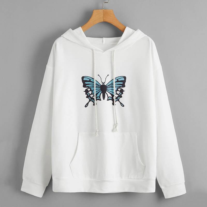 

Butterfly Print Kangaroo Pocket Drawstring Hoodie, White