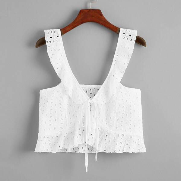 

Eyelet Embroidery Tie Front Ruffle Hem Top, White