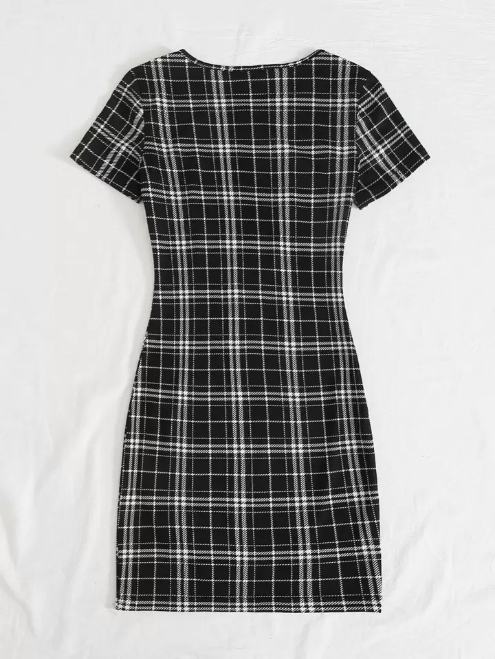 plaid bodycon dress outfit Surplice Neck Plaid Bodycon Dress
