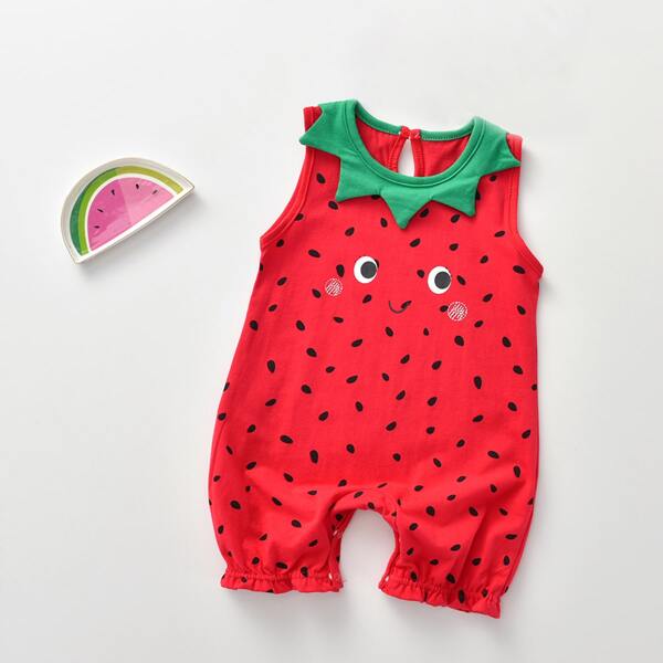 

Baby Girl Contrast Panel Cartoon Strawberry Romper, Red