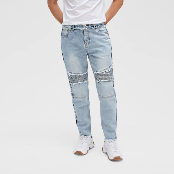 

Men Locomotive Pleats Raw Hem Jeans, Light wash