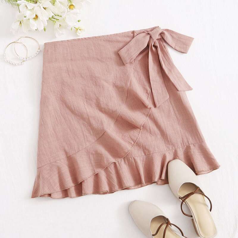 

Tie Front Ruffle Trim Wrap Skirt, Pastel dusty pink