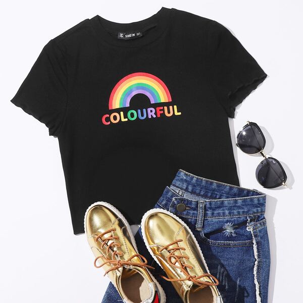 

Rainbow And Letter Graphic Tee, Black