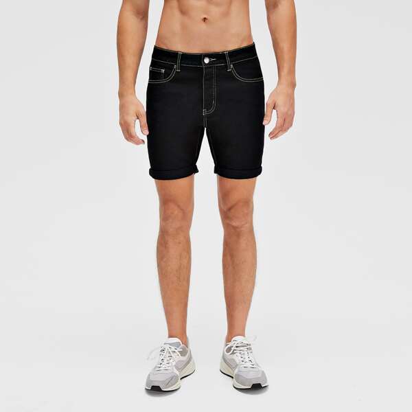 

Men Topstitching Rolled Hem Denim Shorts, Black