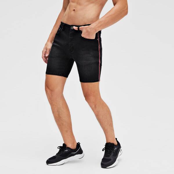 

Men Striped Tape Side Denim Shorts, Black