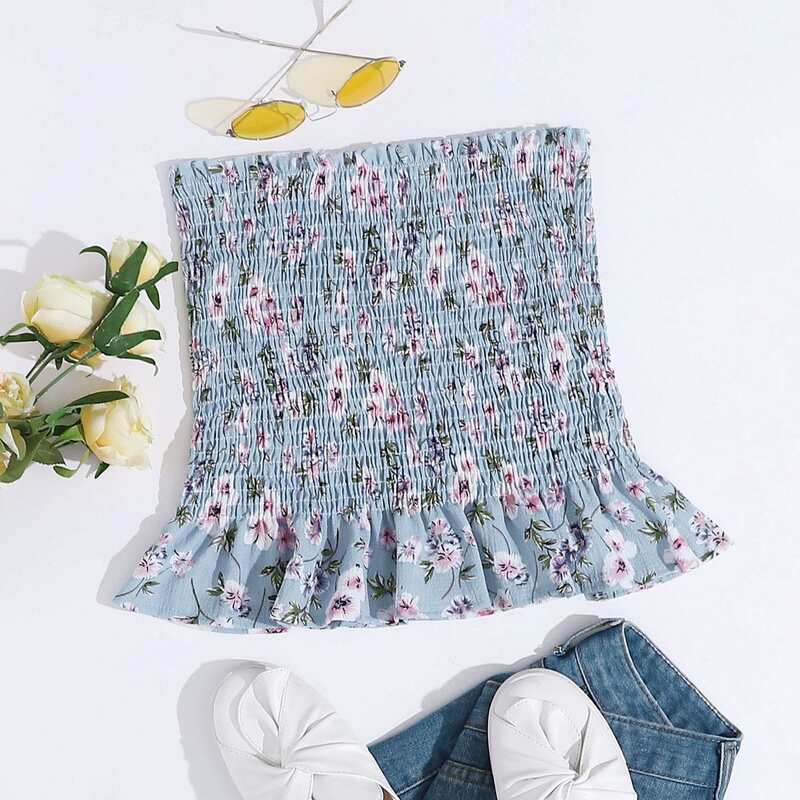 

Floral Shirred Tube Top, Dusty blue