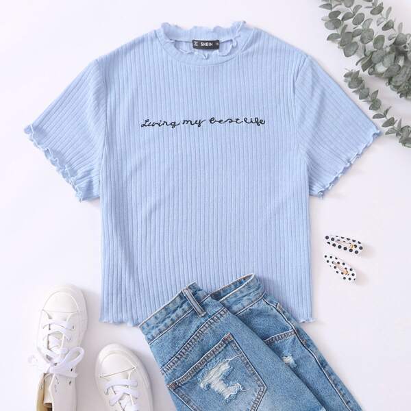 

Plus Lettuce Trim Slogan Embroidery Rib-knit Top, Dusty blue