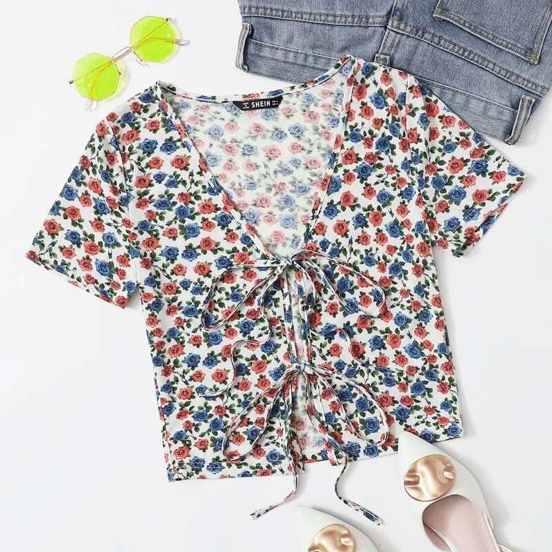 

Allover Floral Print Tie Front Top, Multicolor