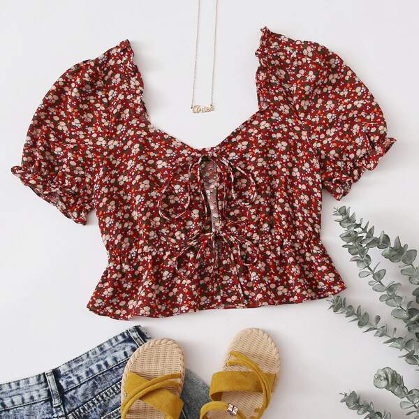 

Tie Front Puff Sleeve Ditsy Floral Peplum Top, Multicolor